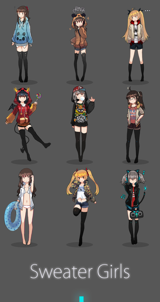 the image showcases nine distinct animestyle girl characters, each sporting a different casual outfit centered around sweaters, hoodies, or sweatshirts. they are positioned against a plain gray background, emphasizing the details and variety of their attire.  the title "sweater girls" is displayed at the bottom, solidifying the theme.