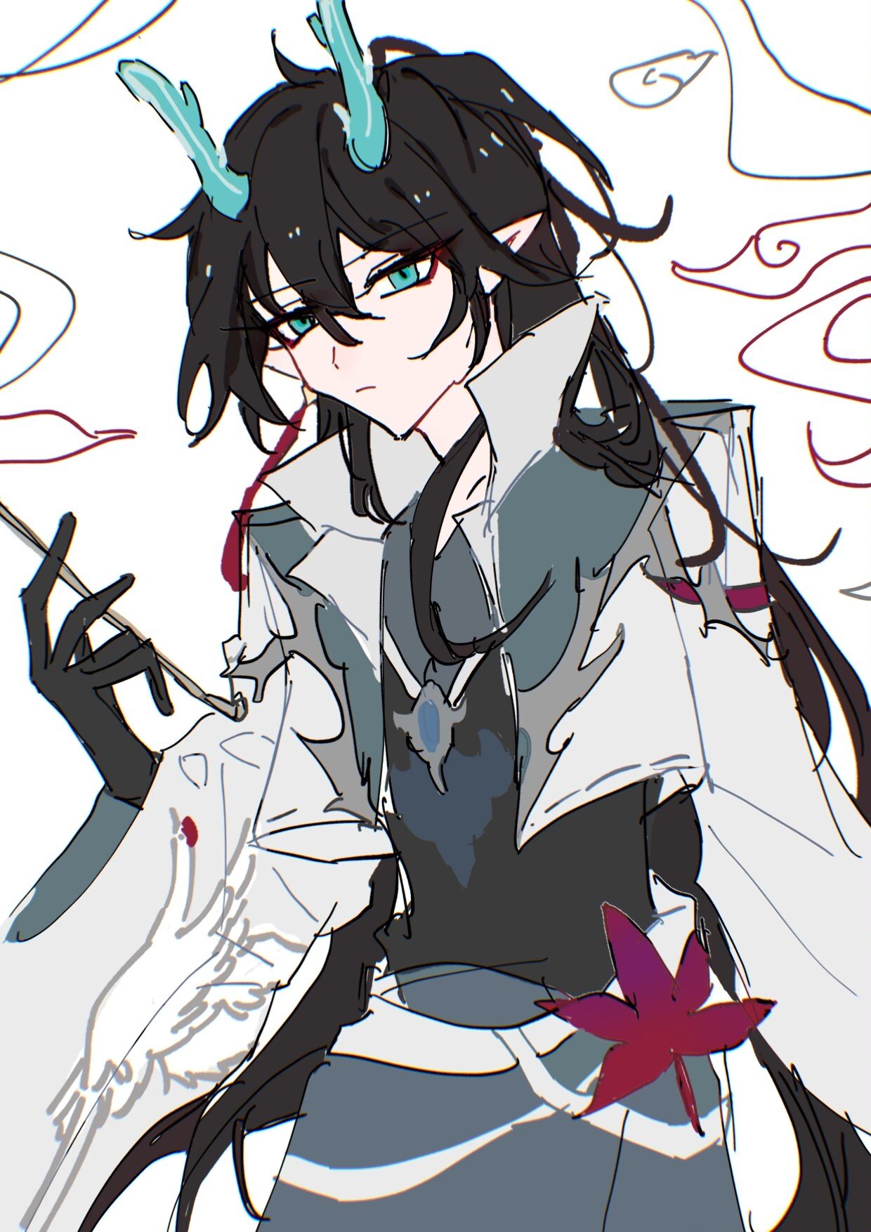 a handdrawn illustration of an anime character with long black hair and blue eyes. he wears a white shirt and black pants. the character has horns and wings. he is holding a red flower.