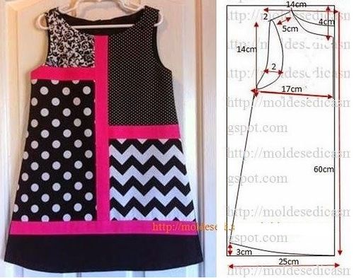 the image shows a child's dress next to its sewing pattern. the dress is made of different patterned fabrics in black, white, and pink. the pattern provides measurements in centimeters (cm) for constructing the dress.