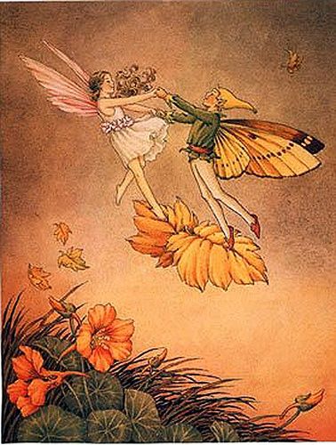 the image depicts a whimsical scene with two fairies dancing on a large flower. one fairy has delicate pink wings and wears a white dress, while the other fairy has butterflylike wings in shades of yellow and brown, and wears a green outfit. leaves are falling around them, and a patch of nasturtium flowers blooms in the foreground. the background is a soft gradient of brown and orange.