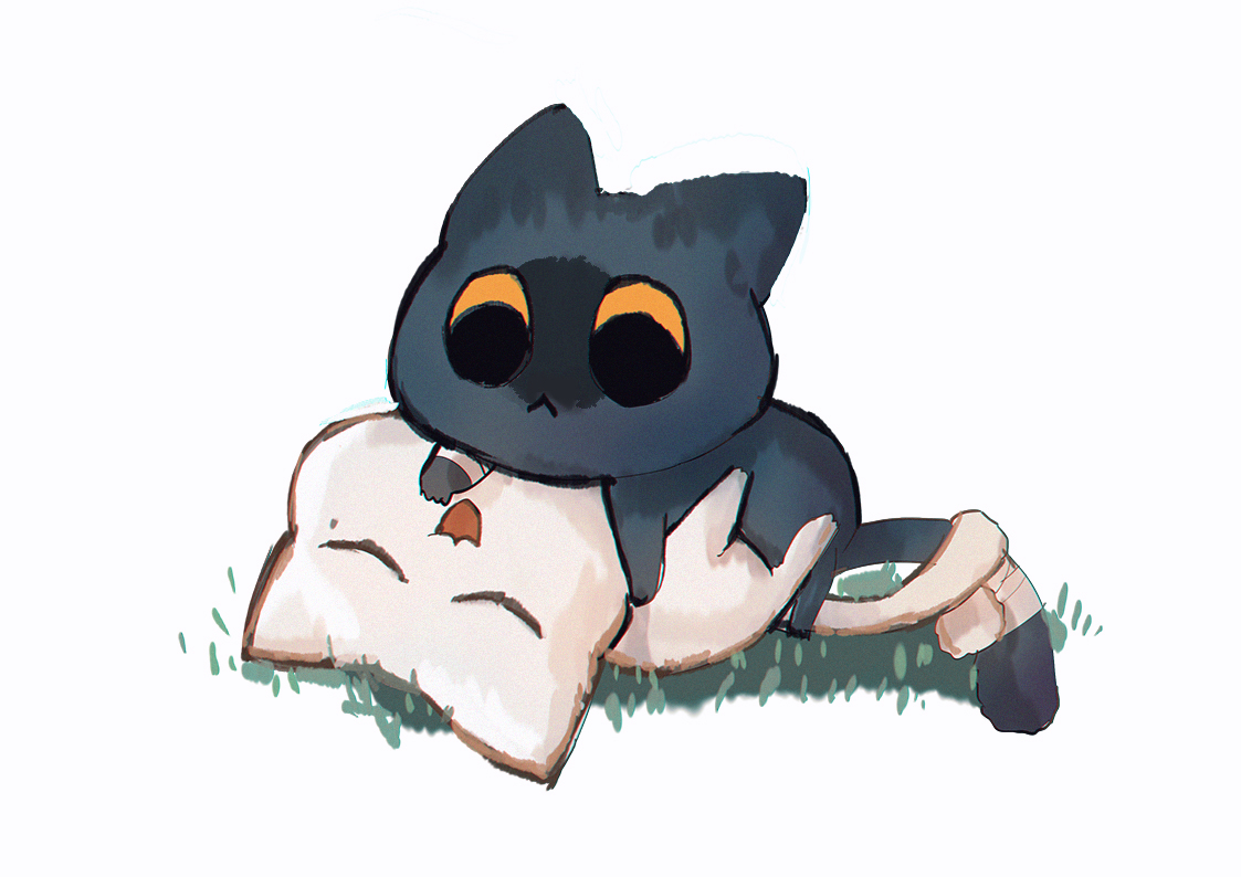 a black cat is lying on top of a white cat in a field of green grass. the black cat has big, round eyes and a black nose. the white cat has small, closed eyes and a white nose. both cats are sleeping peacefully, their bodies cuddled together. the illustration is done in a digital art style, with soft colors and outlines. the image is cute and whimsical, evoking feelings of warmth and comfort.