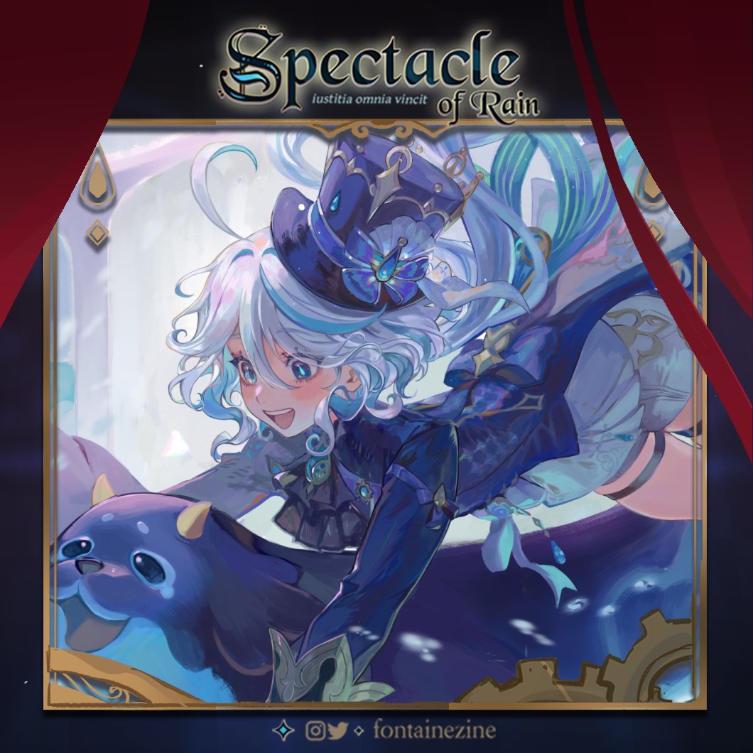 an anime girl with blue hair and a blue dress is standing on a cloud in the sky. there are rain clouds all around her, and a blue ocean below her.  the title card above her is "spectacle of rain" and it says "justitia omnia vincit" which is latin for "justice wins all."