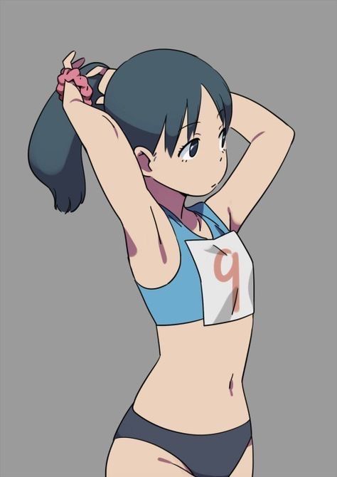 a drawing of an anime girl with long black hair in a ponytail, wearing a blue sports bra with a white piece over the top that has the number 9 printed on it, and black shorts. she has a headband and is holding her hair up with it. the background is a light gray color.