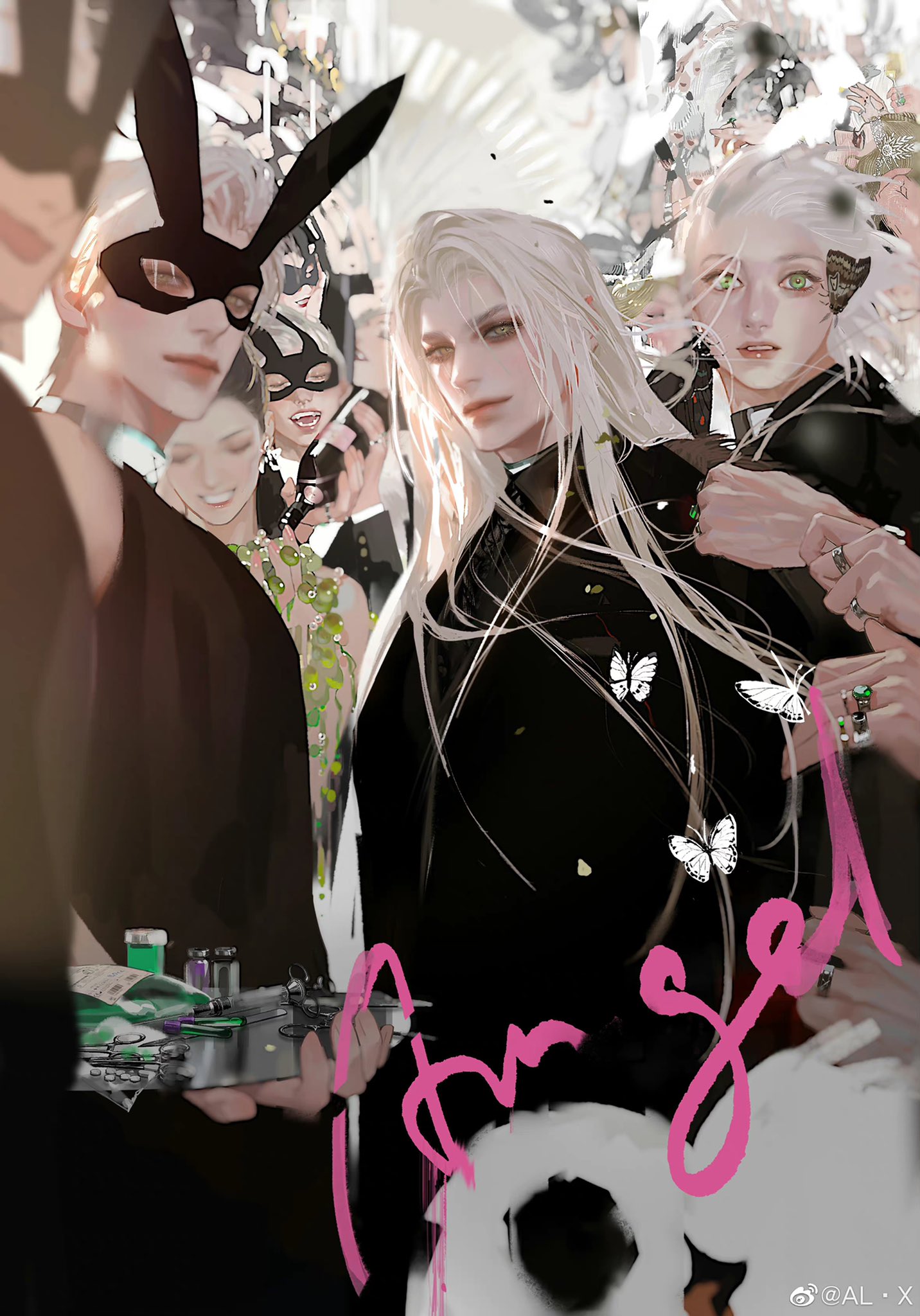 the image depicts a vibrant scene, seemingly a masquerade ball, buzzing with stylishly dressed attendees. the focus is drawn to four individuals at the center, particularly two men. one sports striking silver hair and a black attire accented with white butterflies, while the other dons a black bunny mask. the overall ambiance is one of elegance and festivity, enhanced by the black and white attire with pops of color.