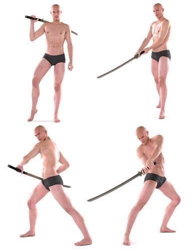 four images of a 3d rendered male model in different poses, all holding a katana sword. the model is naked except for briefs and is posed in a variety of fighting stances. the background is white.