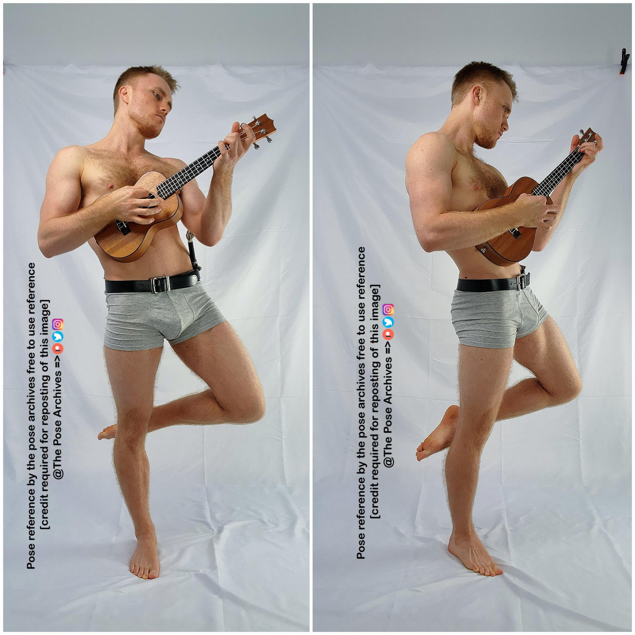 a shirtless caucasian male with short blonde hair is shown in two slightly different poses. he is standing on one leg, with the other leg bent and raised. he is holding and presumably playing a ukulele. the man is wearing gray underwear and has a fit physique. he appears to be in a photography studio with a white backdrop and soft lighting.