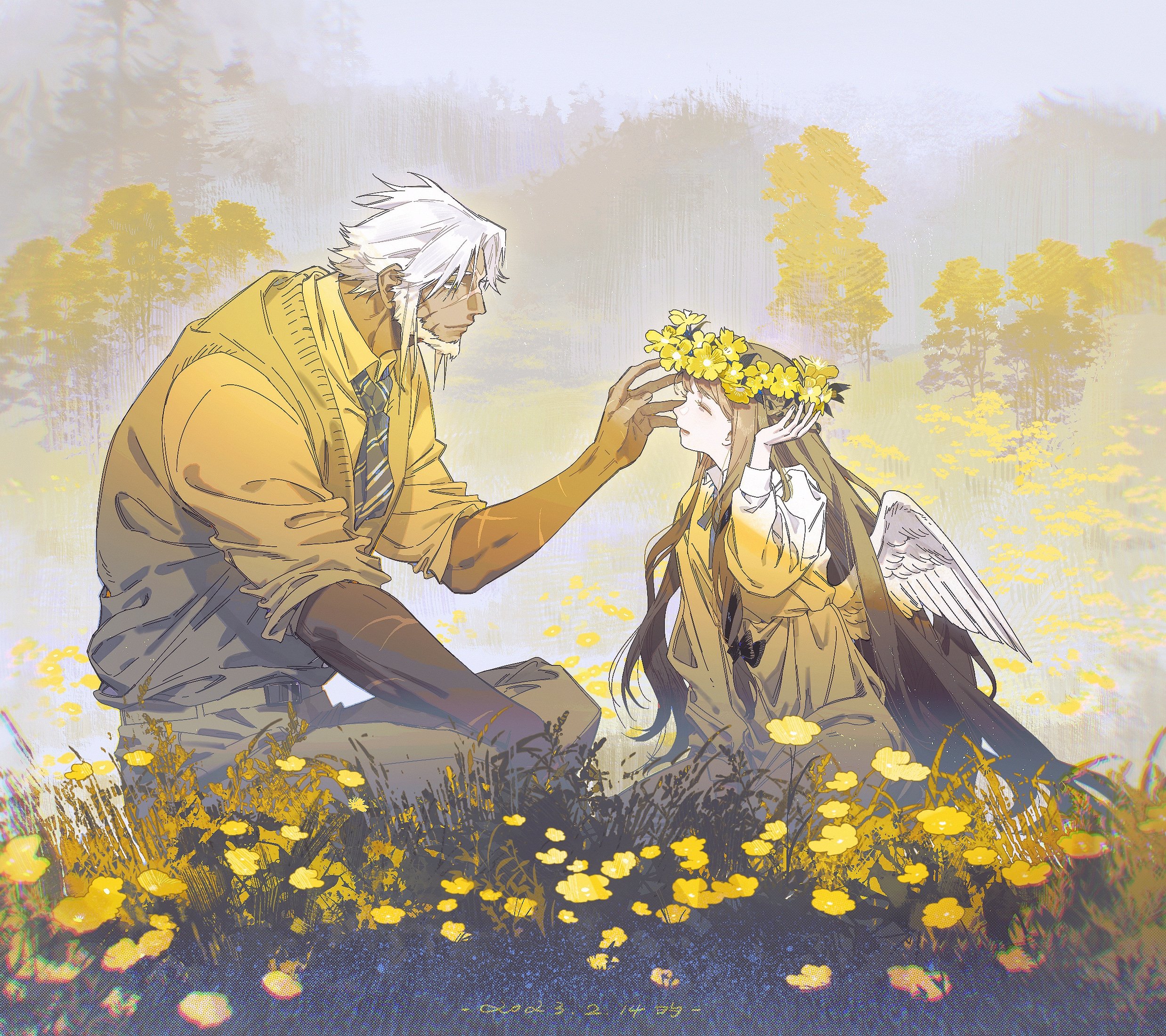a man with white hair and a yellow sweater, is sitting in a meadow of yellow flowers, smiling at a girl with brown hair, yellow dress and angel wings sitting next to him. the woman has a yellow flower crown in her hair, and the man has his hand on her cheek. the background is a field of yellow flowers.
