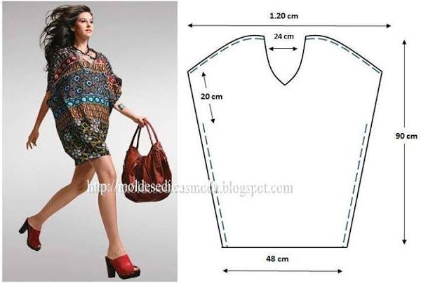the image shows a woman wearing a short, patterned dress with a flared or aline shape. she is carrying a large red purse and wearing red platform mules. next to the image of the woman is a sewing pattern diagram with measurements labeled in centimeters (cm). the diagram outlines the shape of the dress, including the neckline and overall dimensions, suggesting it is a tutorial or guide for creating a similar dress.