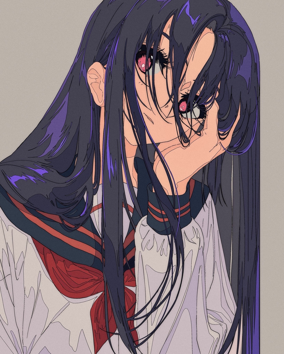 the image is a stylized digital drawing or painting of an anime girl. she has long, dark purple hair with purple highlights that falls past her shoulders. she's wearing a classic japanese school uniform, consisting of a white, puffysleeved shirt and a dark sailorstyle collar with red accents and a red bow tie.  the girl is partially hiding her face with her hand, but her expressive red eyes are partially visible, giving the impression of shyness or mystery. the art style is clean, with soft shading and attention to detail in the hair. the overall aesthetic is soft and slightly melancholic.