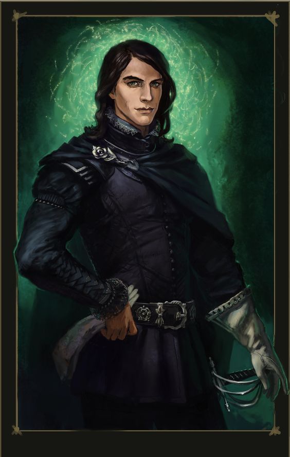 the image is a digital painting or illustration of a young, handsome man with long dark hair. he's dressed in elaborate dark renaissance or medievalstyle clothing, including a black doublet, a dark cloak, and ornate gloves. he wears a silver belt with a decorative buckle and a noticeable silver piece of jewelry near his collar.  his attire is detailed and seems to reflect a position of some standing or importance. he holds something that looks like a rolledup piece of parchment or paper in one hand, and his other hand holds the hilt of a decorative sword. the background is a dark, moody green with a faint, ethereal glow surrounding him. the overall style is artistic and evokes a fantasy or historical fiction setting. the image is presented in a portrait style within an ornate frame.