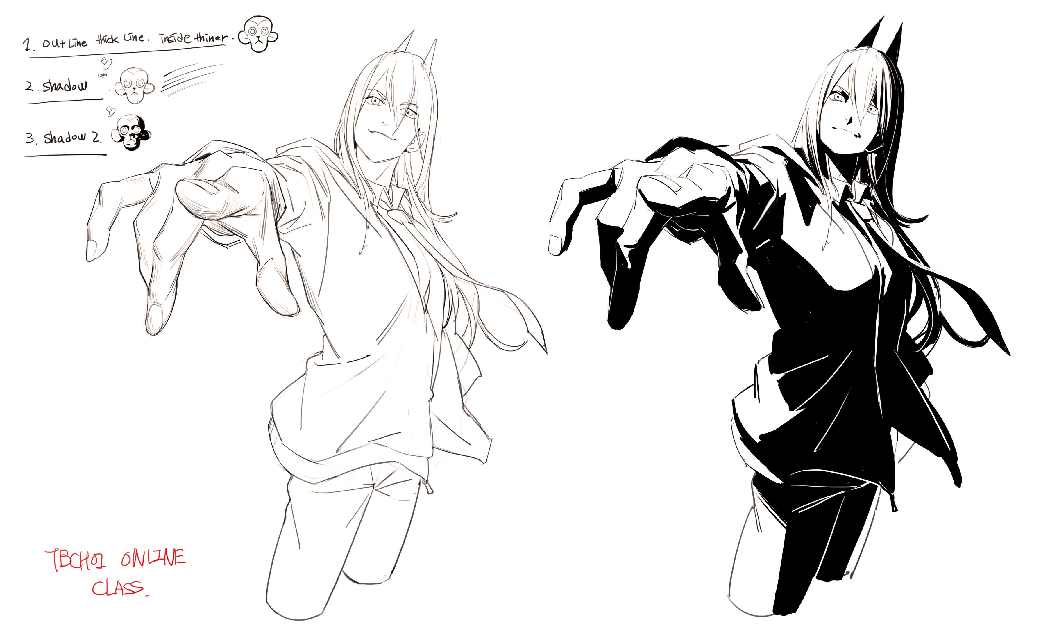 the image displays a digital art tutorial or example, likely from an online class by tb choi. it features two versions of a female anime/mangastyle character with devil horns.  the character is shown in a dynamic pose, reaching out with one hand.  the left side displays a line drawing version with clear line weights indicating a tutorial on outlining and shading techniques.  the right side presents a rendered, highcontrast version demonstrating the final, shaded look.  annotations above the drawings indicate stepbystep instructions for achieving the illustrated shading styles.  the bottomright corner contains the text "tbchoi online class".