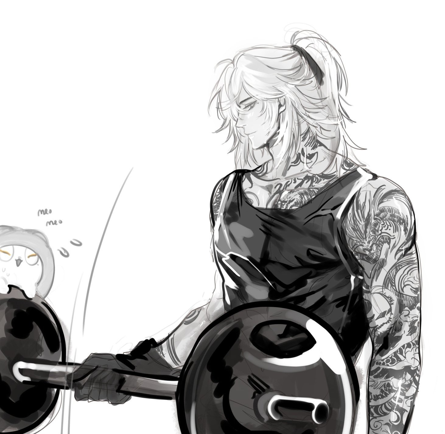 a grayscale drawing of an anime man with long white hair, wearing a black tank top. he is lifting weights in a gym and appears to be very focused on his workout.  he has tattoos on his arms and chest and seems to be muscular.  there is a small white animal in the background, with a speech bubble that says "meo" in japanese.  the drawing is done in a sketchy style.