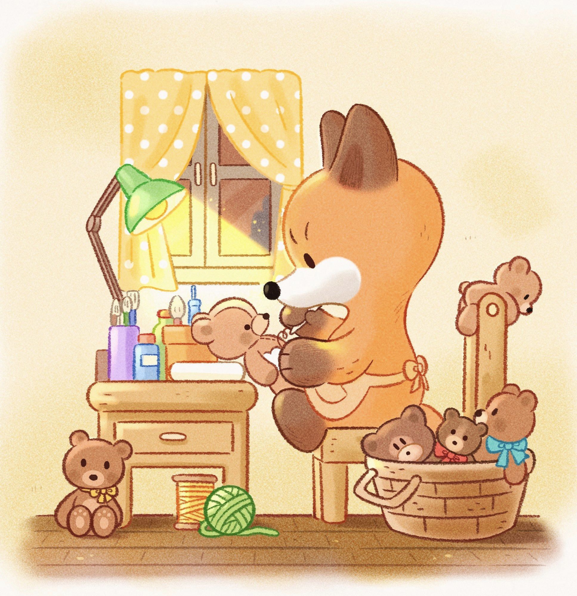 an illustration depicts a cute orange fox sitting in a chair and sewing. there are several teddy bears around the fox, some being sewn on and some sitting in a basket. the fox is wearing a light brown apron and is sitting at a small wooden desk with a lamp, craft supplies, and thread. the room is cozy and warm, with yellow curtains at the window. the style is cartoonish and whimsical.