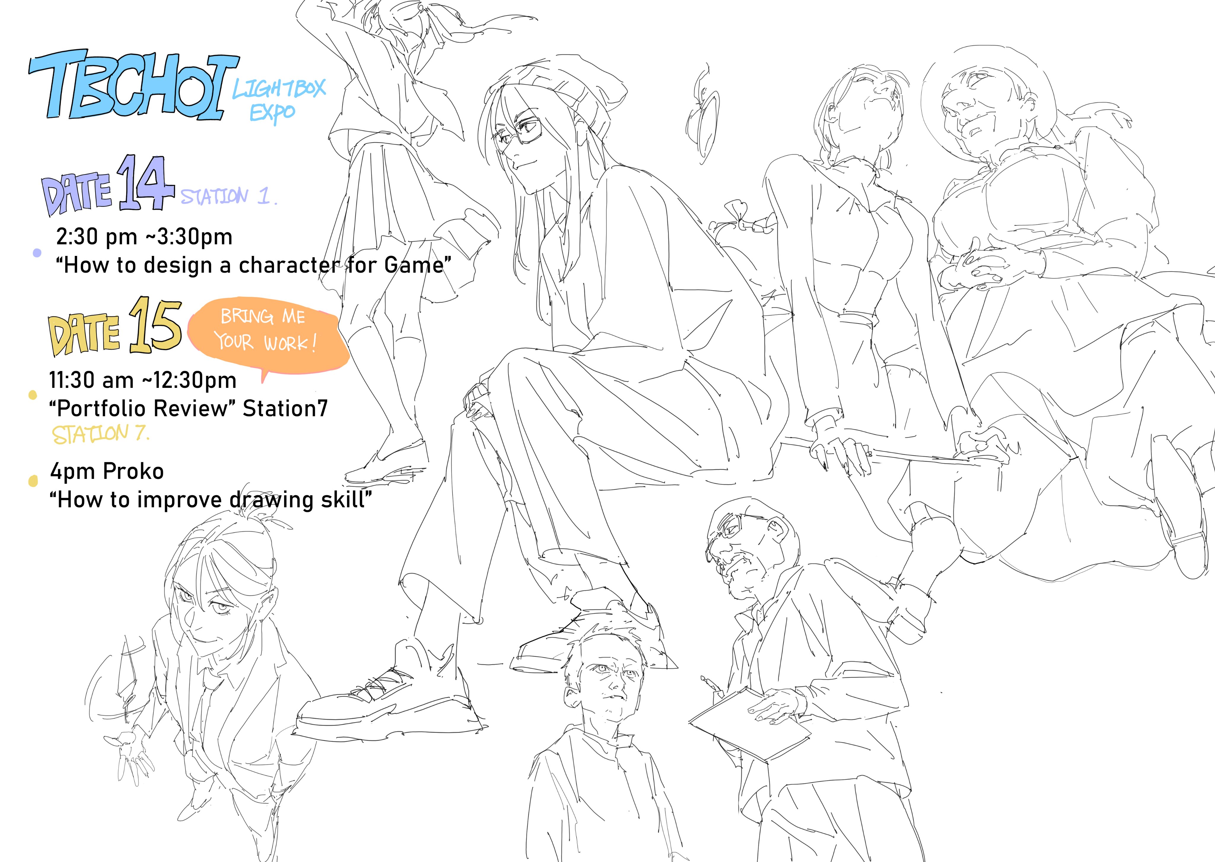 he image is a schedule poster for a tbchoi lightbox expo event.  it shows the dates (14th and 15th), times, and descriptions of workshops focused on character design for games, portfolio reviews, and improving drawing skills using proko methods. the poster is illustrated with dynamic line art sketches of various people, possibly attendees or instructors, in an anime or mangainspired style. the sketches are in pencil or a similar light gray tone. the text boxes are color coded for readability.