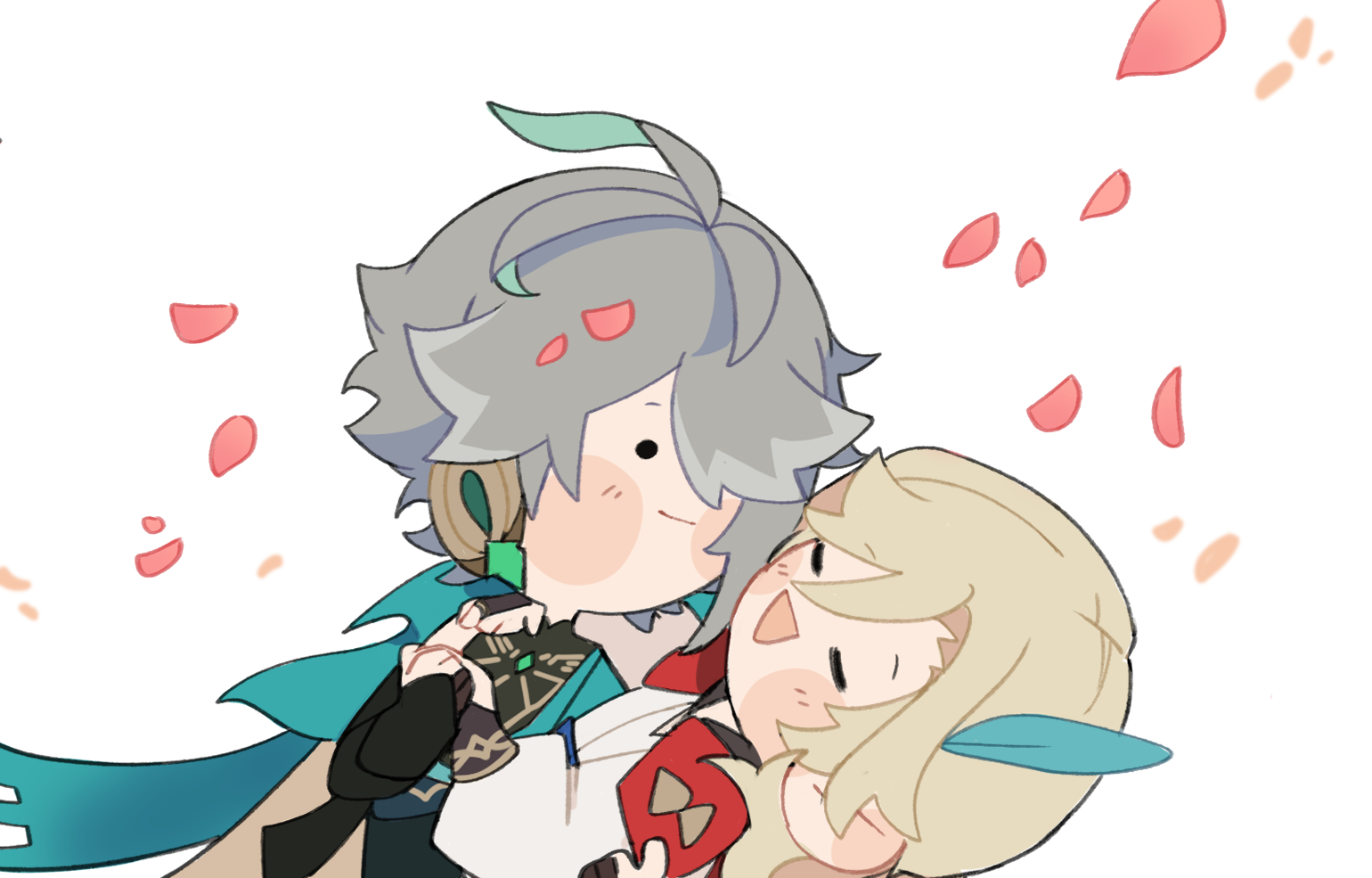 this is a cute chibi fanart of aether and lumine from genshin impact. they are hugging each other affectionately, with pink petals falling around them, creating a romantic and heartwarming atmosphere.  the art style is soft and expressive, emphasizing the characters' gentle expressions and closeness.  the overall tone is sweet and joyful.