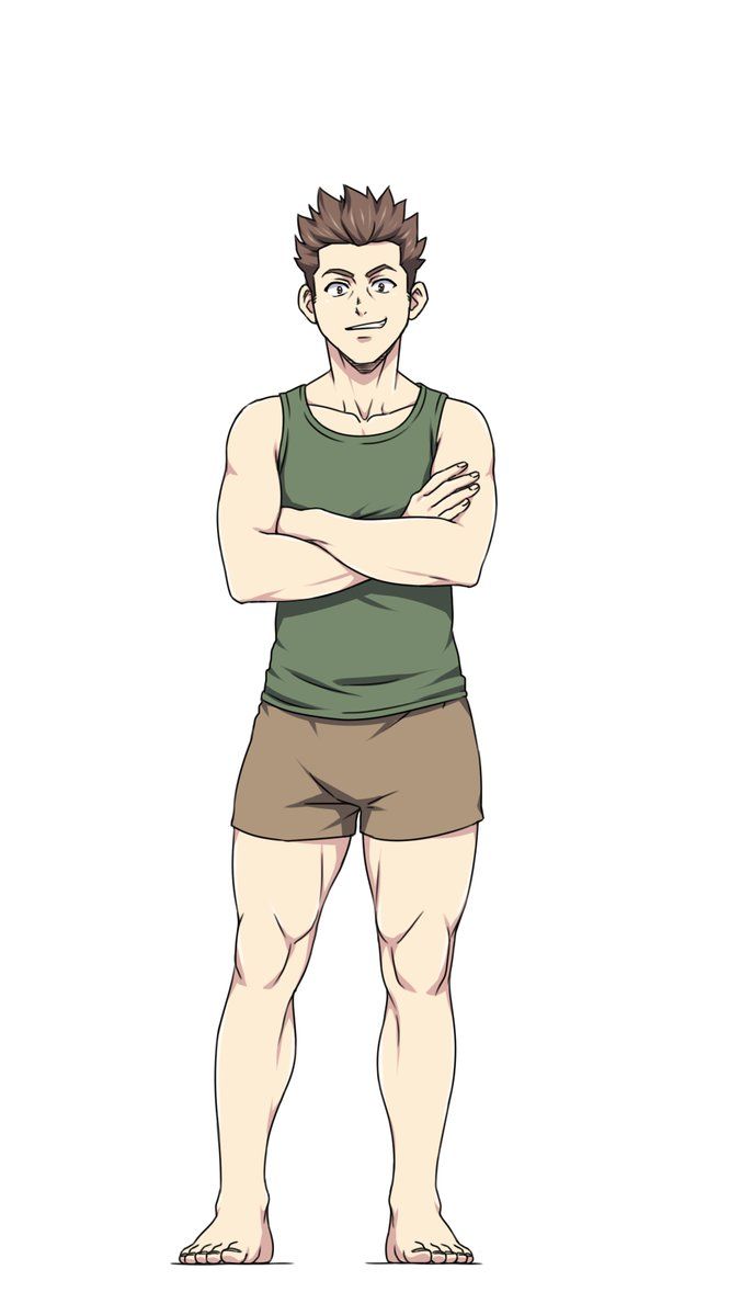 a man standing in casual attire with a green tank top, brown shorts and a smile on his face. he's looking straight at the camera with his arms crossed. his feet are planted on the ground, and the background is white. the image is in an anime style, with the character's features exaggerated.  he's in a standing pose with his arms crossed and a subtle smile on his face. he has a green tank top on, brown shorts, and his feet are visible.