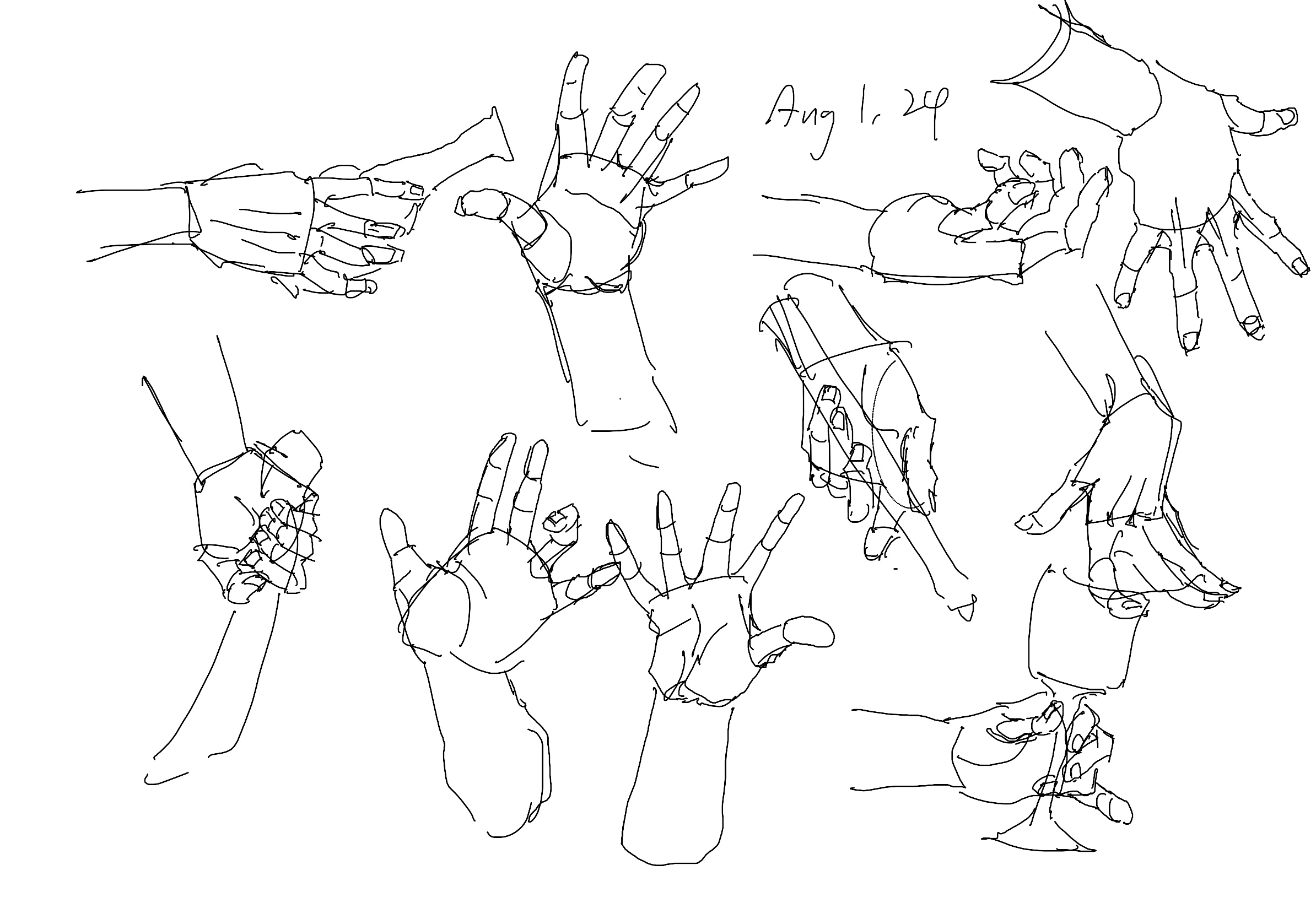 this is a black and white sketch page of hand studies.  there are nine different hand poses from various angles.  some of the hands are holding objects such as pens.  the date, august 1, is written at the top of the page.