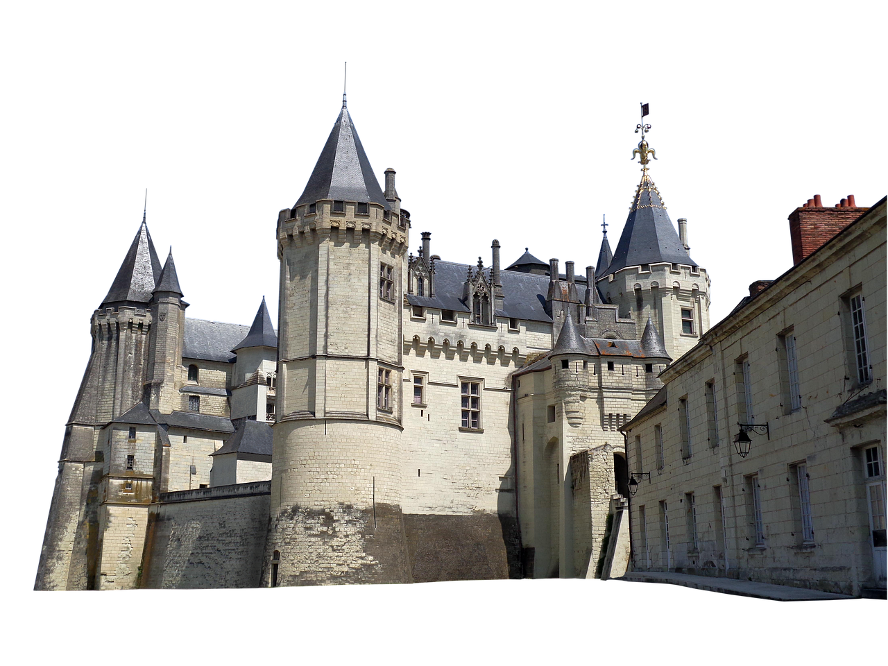 the image shows a large castle with multiple towers and turrets, showcasing detailed stonework and medieval architecture. the castle is surrounded by buildings, and its design includes spires, battlements, and various windows.