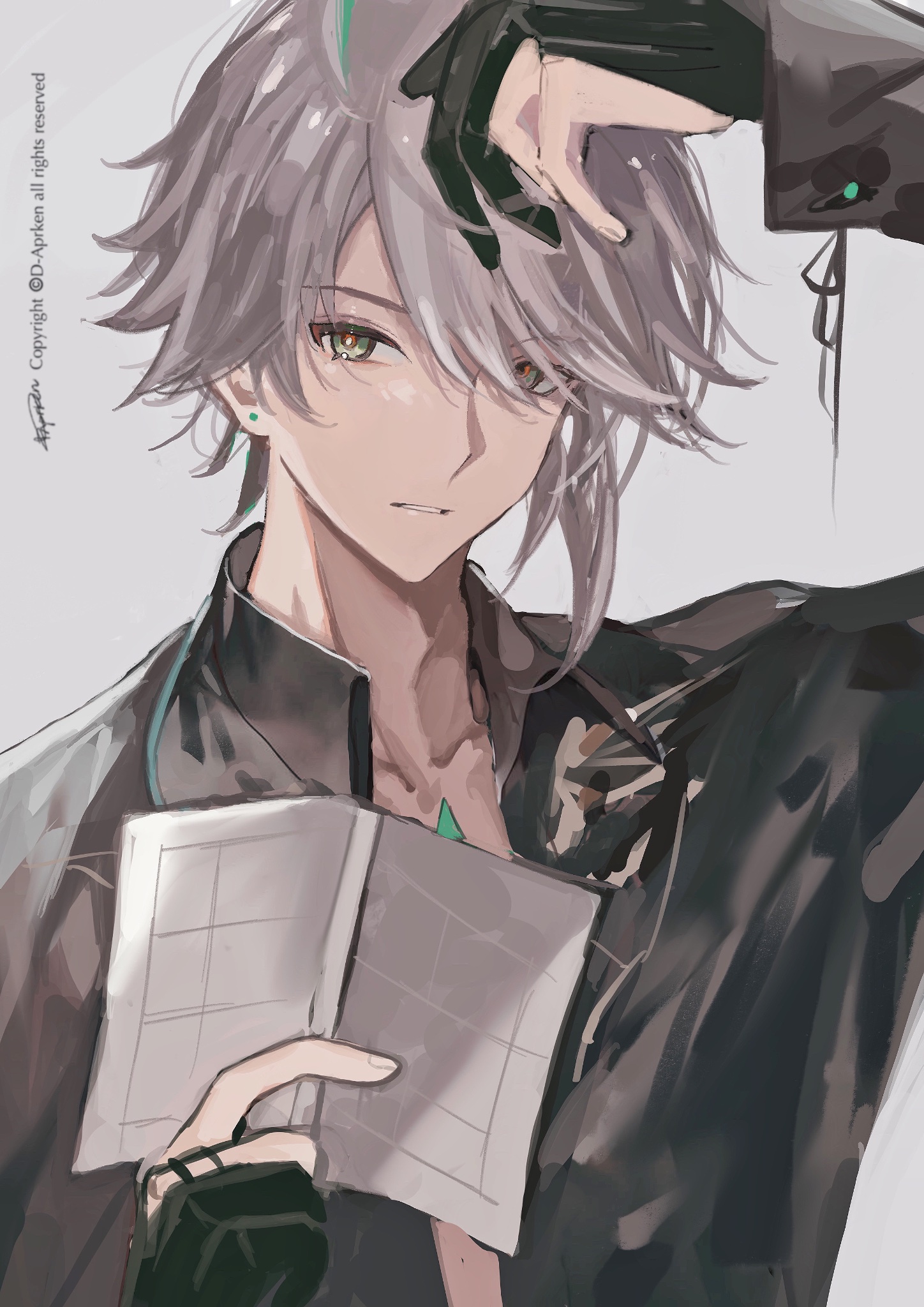 a digital art portrait of a young man with white hair and green eyes. he is wearing a black jacket with a green earring and a black glove on his hand. he is holding a closed book with a light shining through it. his face is painted with a light and soft look that highlights the delicate beauty of the boy. the image looks like it is drawn in a style that resembles anime or manga.
