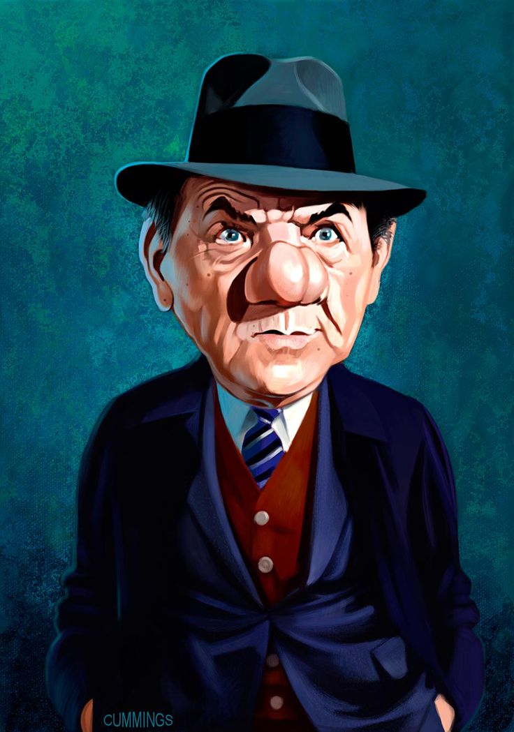 a caricature of a man wearing a fedora, suit, brown vest, and striped tie against a teal background. he has blue eyes and a large nose. the art is signed "cummings" in the lower left.