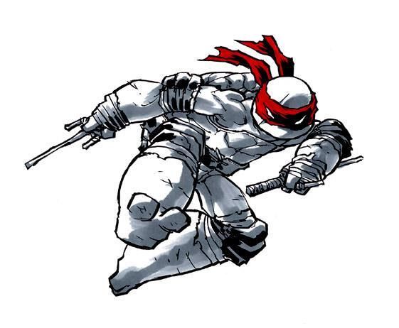 a black and white sketch of a ninja turtle with a red headband in a fighting stance. the turtle is holding two katanas in its hands and looks ready for action. the drawing has a gritty, comic book style with a sense of power and movement.