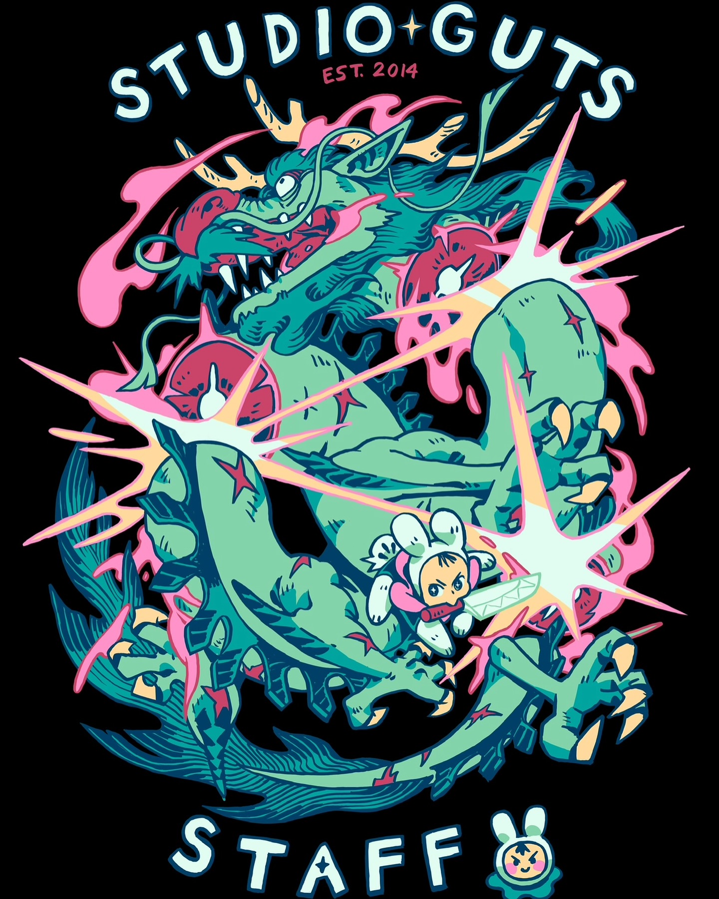 the image is a vibrant, stylized logo or artwork for "studio guts," established in 2014. the central design features a tealgreen dragonlike creature in a dynamic pose, seeming to battle or engage with a small, cute, bunnyeared character wielding a knife.  the dragon is rendered in a bold, almost cartoonish style with exaggerated features.  surrounding the central figures is an explosion of pastel pink and orange energy or smoke.  the overall aesthetic is a mix of cute and slightly violent, with the pastel colors contrasting against the fierce action. the word "staff" is prominently featured beneath the main illustration, alongside a small mascot bunny. the background is black. the style blends elements of anime, manga, and possibly japanese traditional art with a contemporary graphic design approach.
