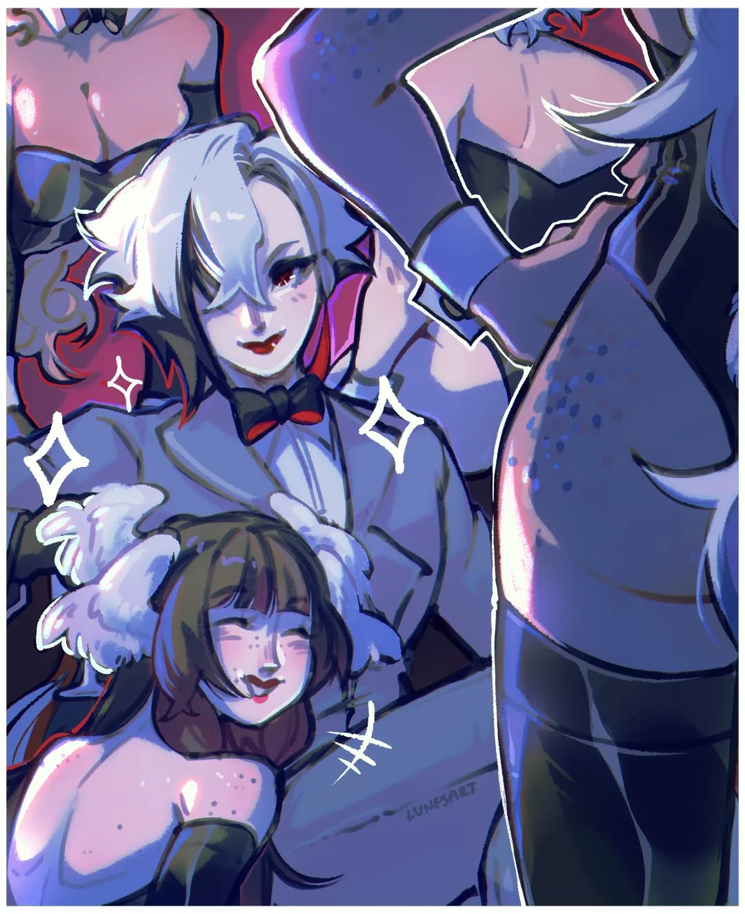 the image is a vibrant digital fanart featuring a group of stylized female characters.  the central figure is a woman with white and dark gray hair, wearing a tuxedostyle outfit with a bow tie. she is flanked by two other women; one in a dark, possibly leather, outfit with a textured appearance and another with brown hair and what looks like bunny ears or a similar headdress, who appears more shy and demure. there are hints of a fourth woman, partially visible in the top left corner, also dressed in what appears to be a bunny girl outfit. the overall style leans heavily into anime aesthetics, with a focus on dramatic lighting, glowing sparkles, and richly saturated colors.  the artwork is playful yet elegant, suggestive of a fun gathering or event. the artist's signature is subtly placed on the bottom of the piece.