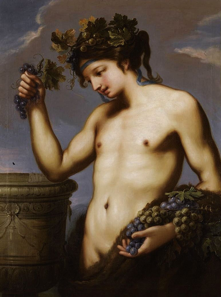 a painting of bacchus, the roman god of wine, holding a bunch of grapes in his right hand. he is standing next to a large urn, and is wearing a crown of grape leaves. the background is a cloudy sky.