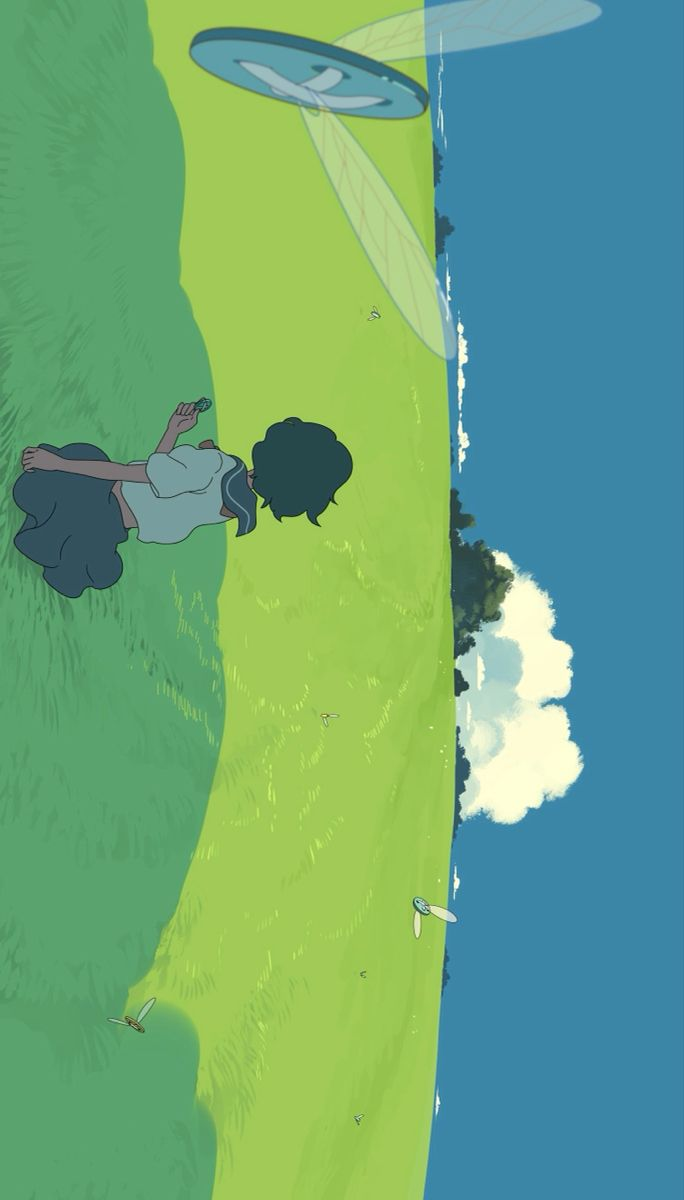 the image shows an animestyle cartoon scene. a girl with dark hair is lying down on a vibrant green field. above the field is a blue sky with fluffy white clouds. a flying saucer, presumably a ufo, is floating in the sky. several small insects are also flying around the field. the color palette is soft and muted, creating a peaceful and serene atmosphere.