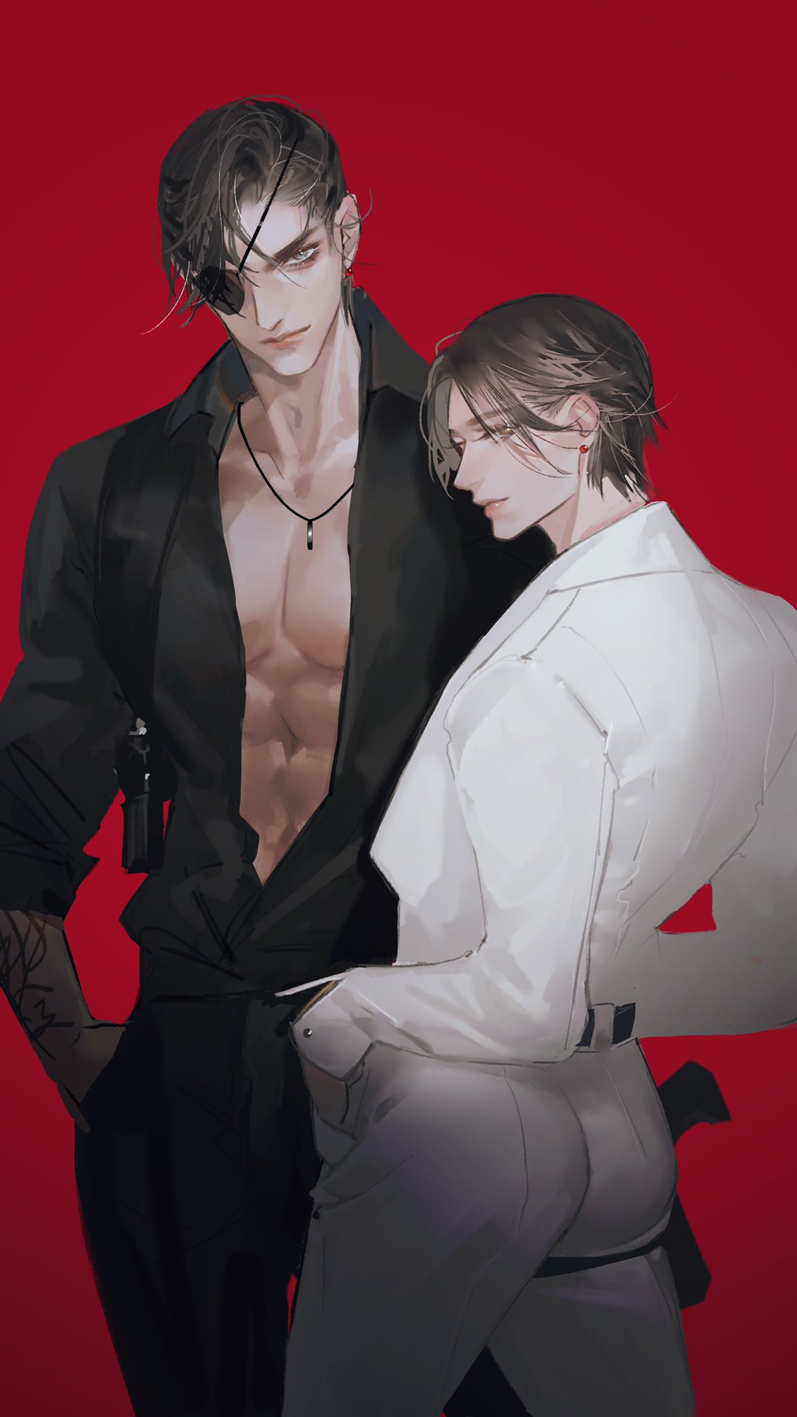 this is an anime illustration of a man with a black eyepatch and black outfit, and a man in a white suit, both of them looking very cool and handsome. the background is a red color.