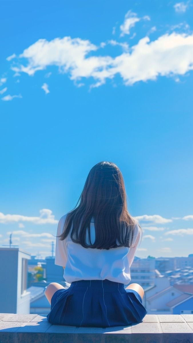 a young girl is sitting on a rooftop, facing away from the viewer. she has long, dark hair and is wearing a white shirt and a dark blue skirt. the background features a bright blue sky with scattered white clouds, and a cityscape with buildings of varying heights.