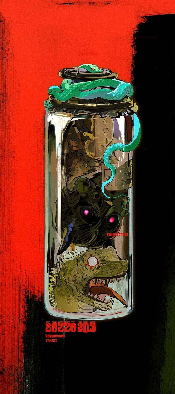 a digital illustration of a monster lizard or dinosaur in a glass jar, with a green snake coiled around it. the background is red and black. the jar has 2022 2023 written on it.
