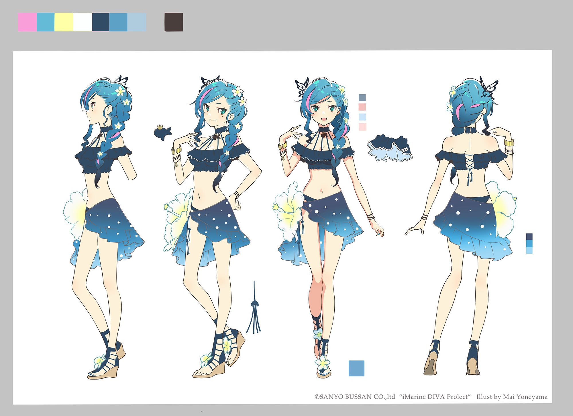 a character design sheet showcasing a female anime character with blue hair styled in braids adorned with flowers. she is wearing a twopiece blue outfit with a galaxy/night sky pattern and white hibiscus flowers. the sheet displays front, back, and side views of the character, providing a comprehensive look at her design and outfit. the color palette is primarily cool tones with accents of yellow and white. there's also a color palette reference and a small sketch of the outfit's top part.