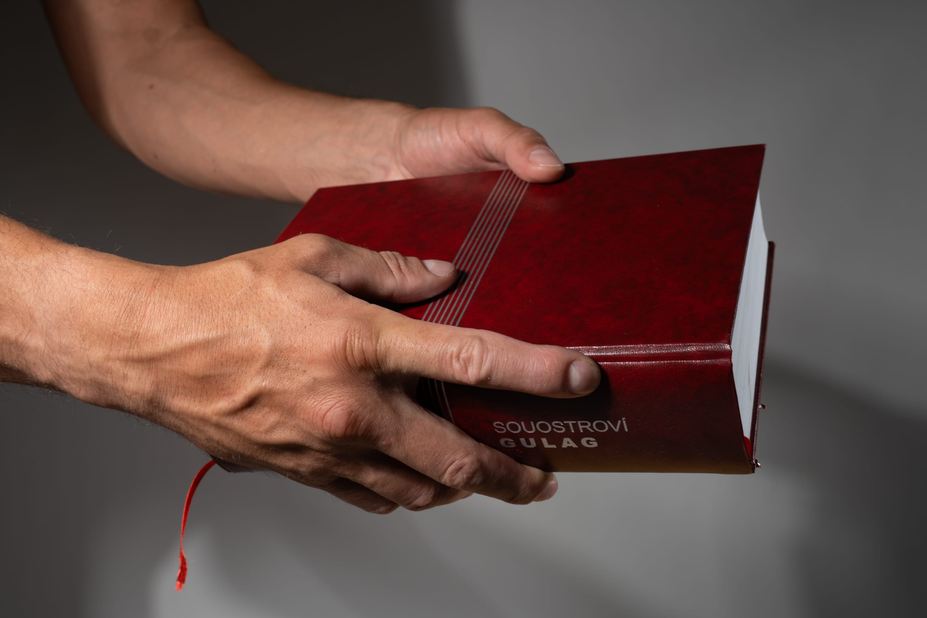 a pair of hands holds a red book titled "souostroví gulag". the background is a plain gray wall.