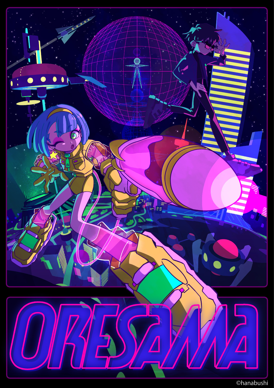 the image is of a vibrant and futuristic city in space. there is a woman in the foreground wearing a yellow and pink outfit and roller skating. in the background, there is a man in a black outfit standing on a building. the image has a neon and glowing aesthetic.