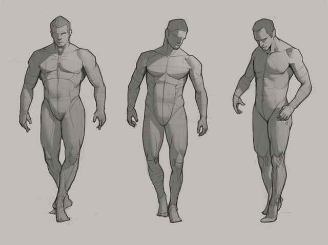 a drawing of three men standing in different poses. each man is drawn in a simple outline, with only a few details to show the muscles of the body. the men are all standing in a relaxed pose, with their arms at their sides and their legs slightly bent. the drawings are done in gray tones on a white background.