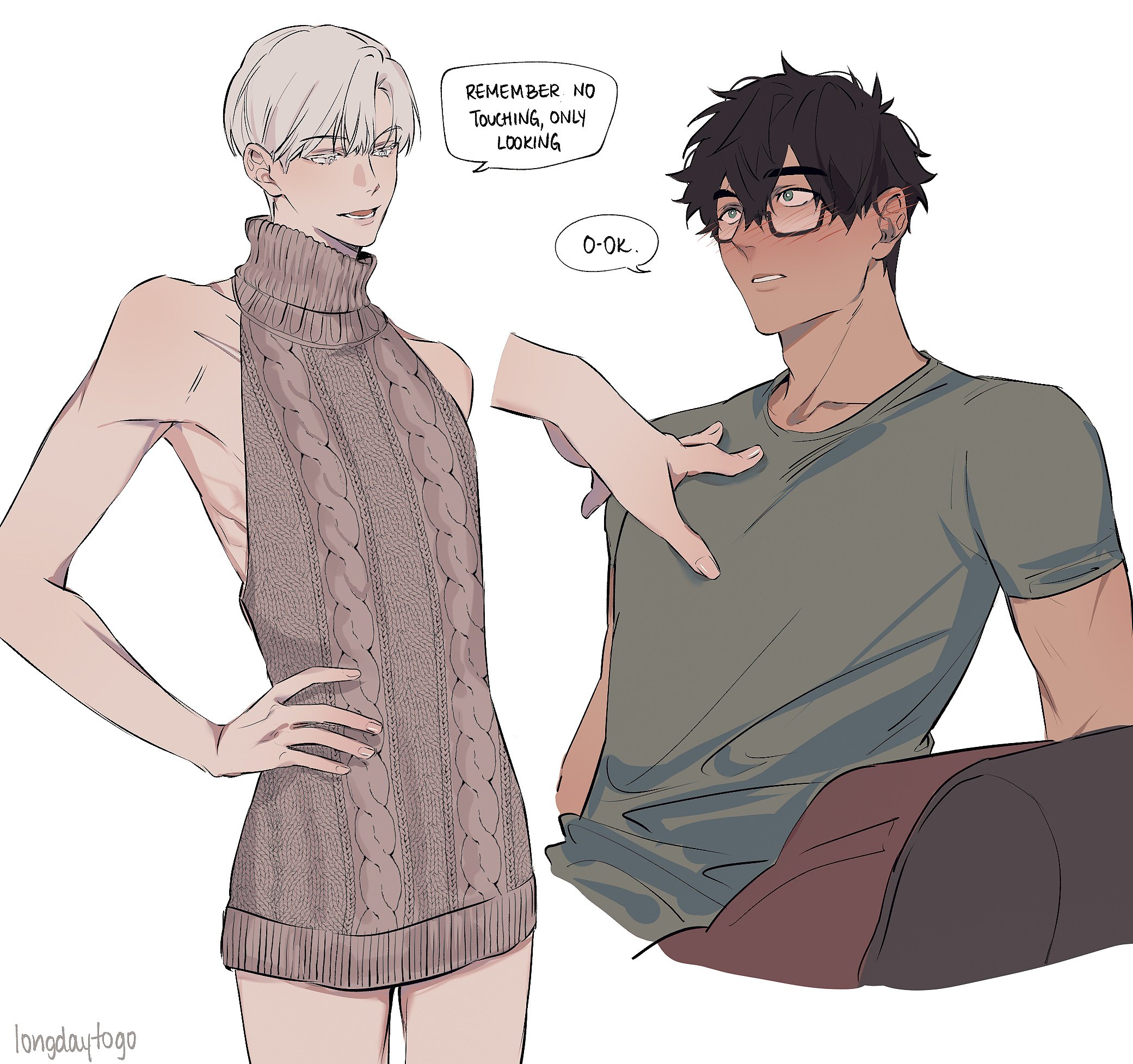 the image is a digital illustration or fanart in an anime/manga style depicting two young men.  the man on the left is wearing a revealing, sleeveless, cableknit turtleneck sweater. the man on the right is wearing a simple tshirt and glasses. the man on the left's hand is subtly resting on the other man's chest. a speech bubble above them states "remember, no touching, only looking," and another one shows the second man saying, "ook..." suggesting a playful and possibly flirtatious dynamic between them.  the overall style is soft, slightly suggestive, and focused on the interplay of gaze and physical proximity. the background is simple and minimalist, drawing all focus to the two characters.