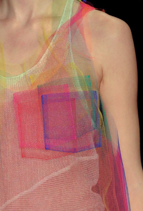 a closeup of a person wearing a colorful mesh top. the top is made of a sheer, transparent netting material, and it features a rainbow of colors. there are several square shapes in various colors overlaid on the front of the shirt. the person's shoulder and chest are visible beneath the mesh. the image has a fashionforward, artistic, and textural quality.
