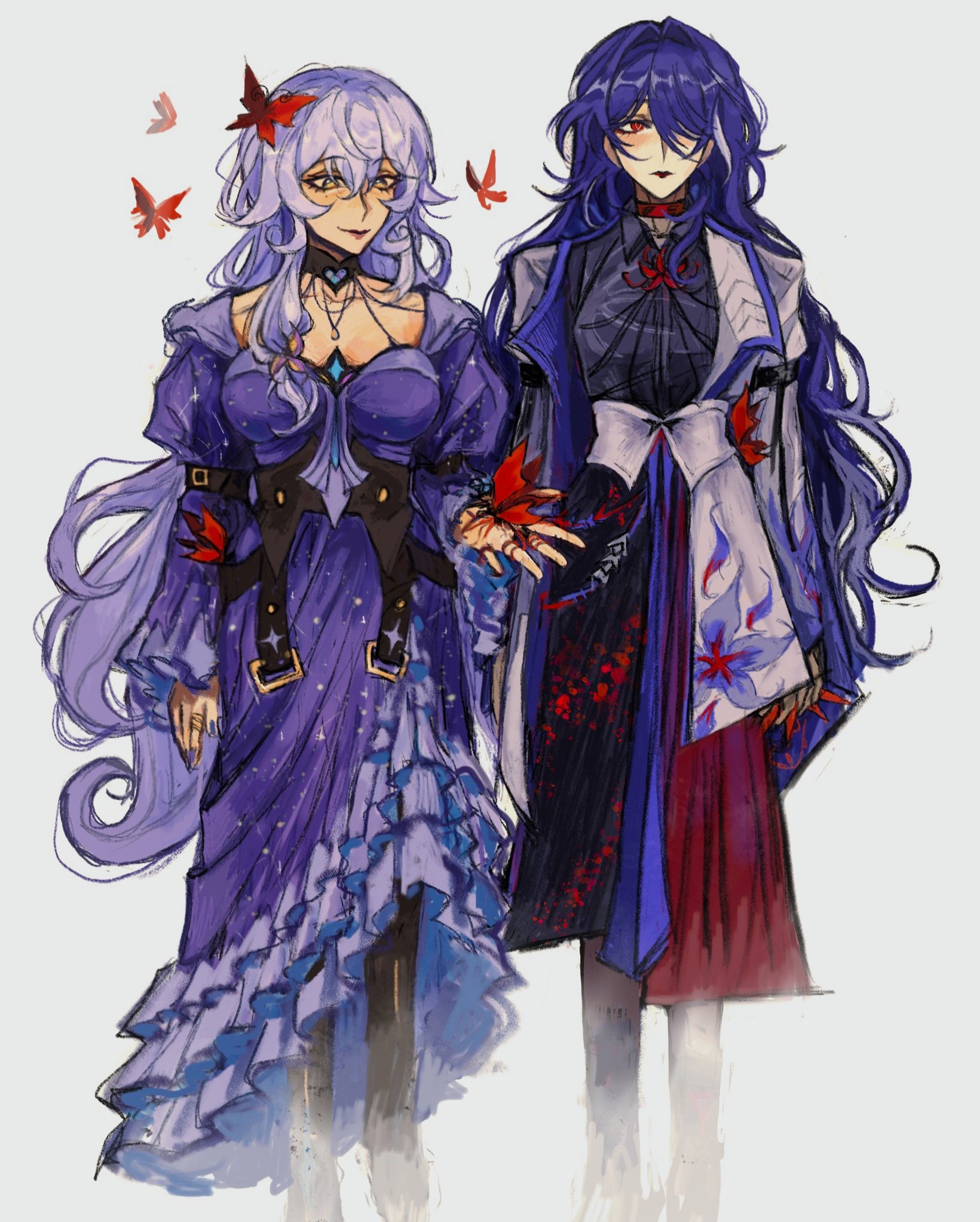 he image shows a digital drawing of two animestyle girls.  the girl on the left has long, flowing lavender hair and is wearing a long purple dress with ruffles and dark accents. her dress is adorned with small, sparkling details, giving it a starry or celestial appearance. she wears a dark choker and a necklace.  the girl on the right has long, dark blue hair and is dressed in a more structured outfit, a long blue and dark purple coat over a dark outfit, with red accents and floral details. red butterflies flutter around both figures. both have a pale complexion and dark eyes. the style is highly stylized and artistic, reminiscent of character designs from anime, manga, or video games.  the overall atmosphere is mystical and elegant.