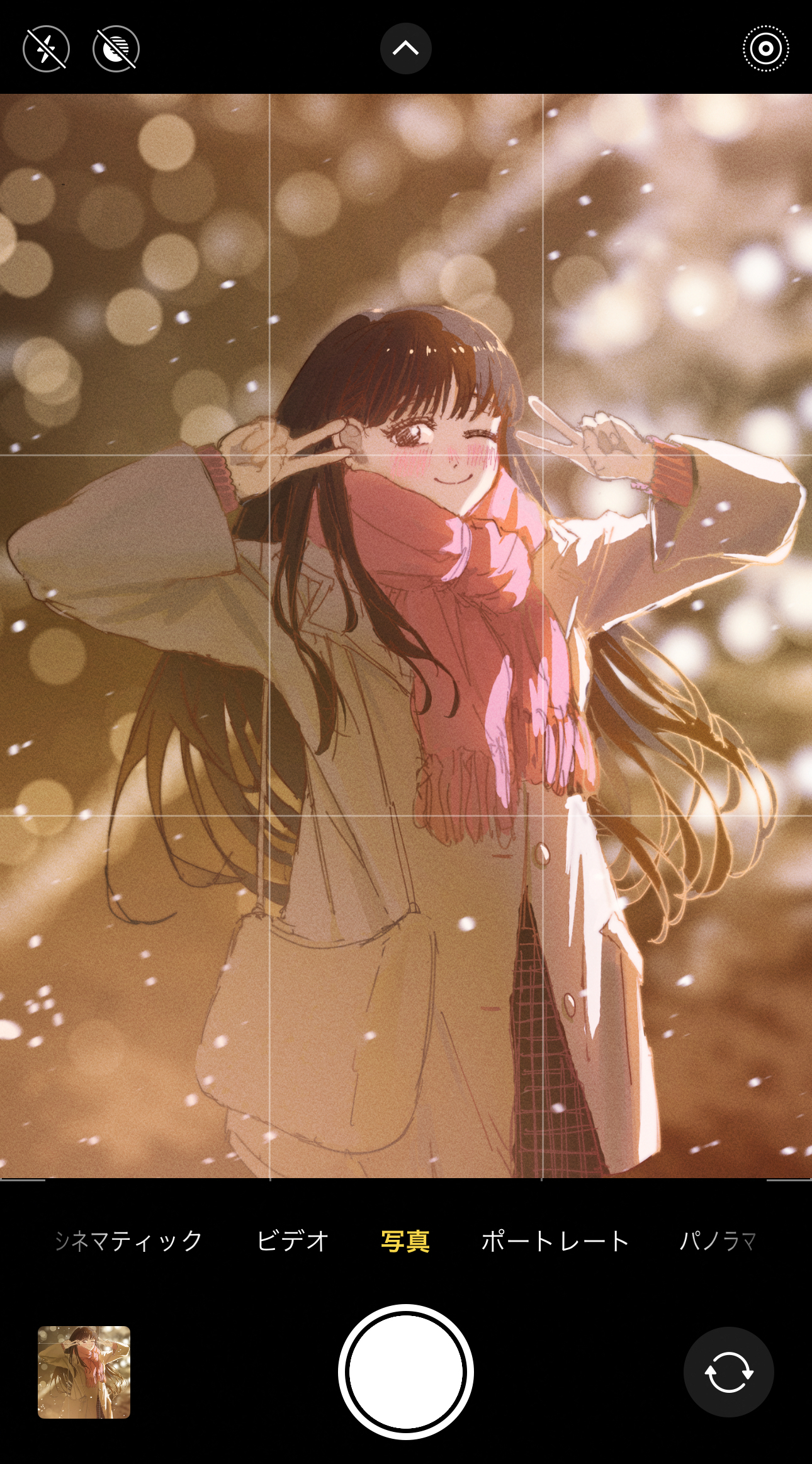 the image shows a digital illustration of an anime girl. she has long brown hair, a happy expression, and is making peace signs with both hands. she's wearing a beige coat and a pink scarf. the background is blurred with soft bokeh effects, suggesting a snowy winter scene with warm lights. the image is presented within the interface of a phone's camera app, indicating it's a photo of an artwork.