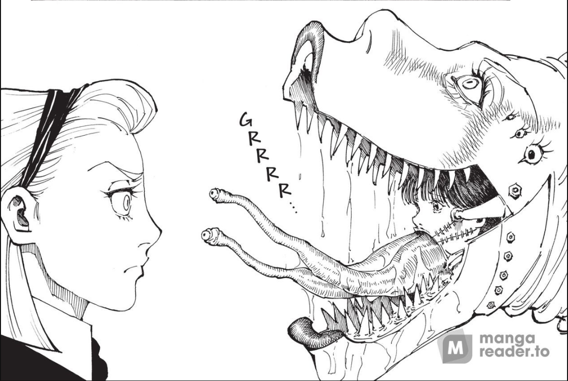 a black and white manga illustration showing a woman with a shocked expression. in front of her is a monstrous creature with large teeth and multiple eyes. inside the creature's open mouth, held by its tongue, is a young girl.