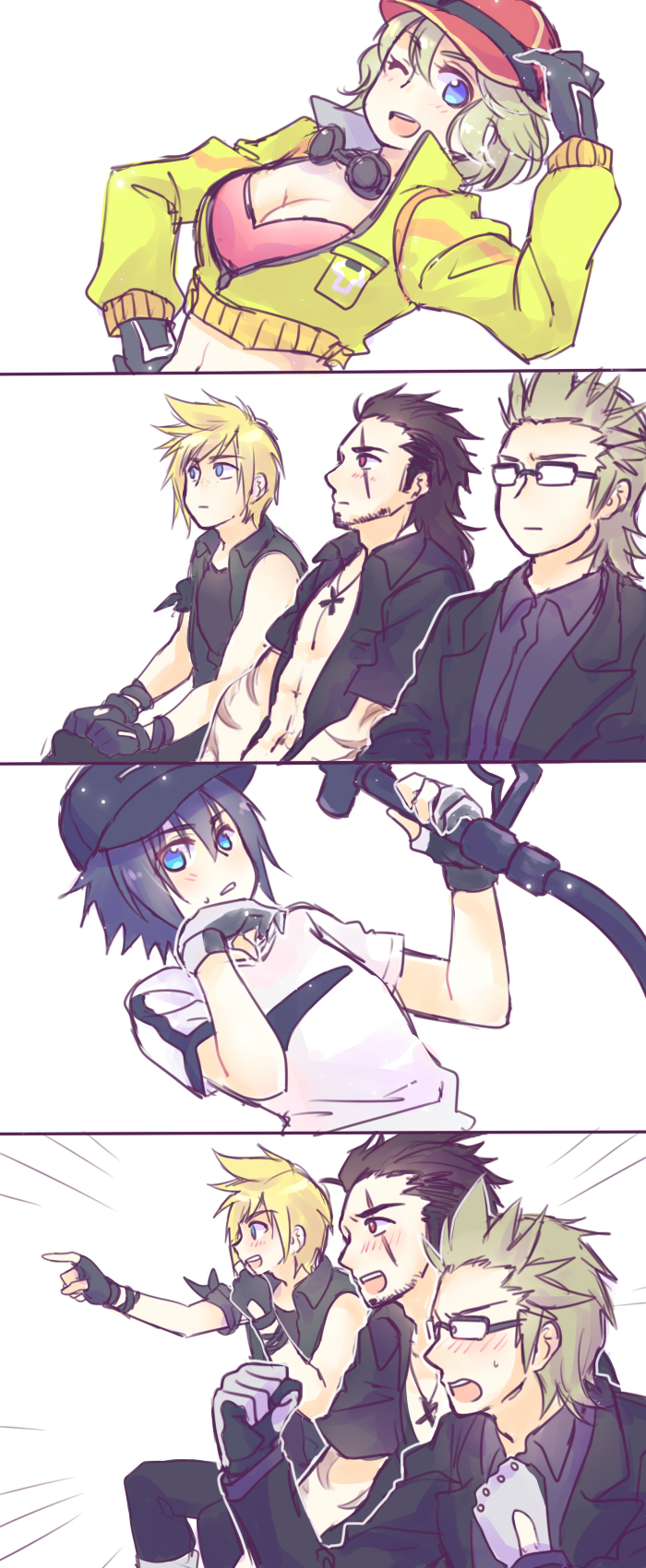 the image consists of four panels featuring characters from final fantasy xv. the top panel shows lunafreya nox fleuret, dressed in a yellow jacket and pink top. the second panel depicts noctis lucis caelum, gladiolus amicitius, and ignis scientia in casual attire. the third panel focuses on prompto argentum, surprised while holding a gas nozzle. the bottom panel shows the three male characters from the second panel reacting in surprise and pointing, with prompto in the back. the style is a lighthearted, mangainspired sketch.