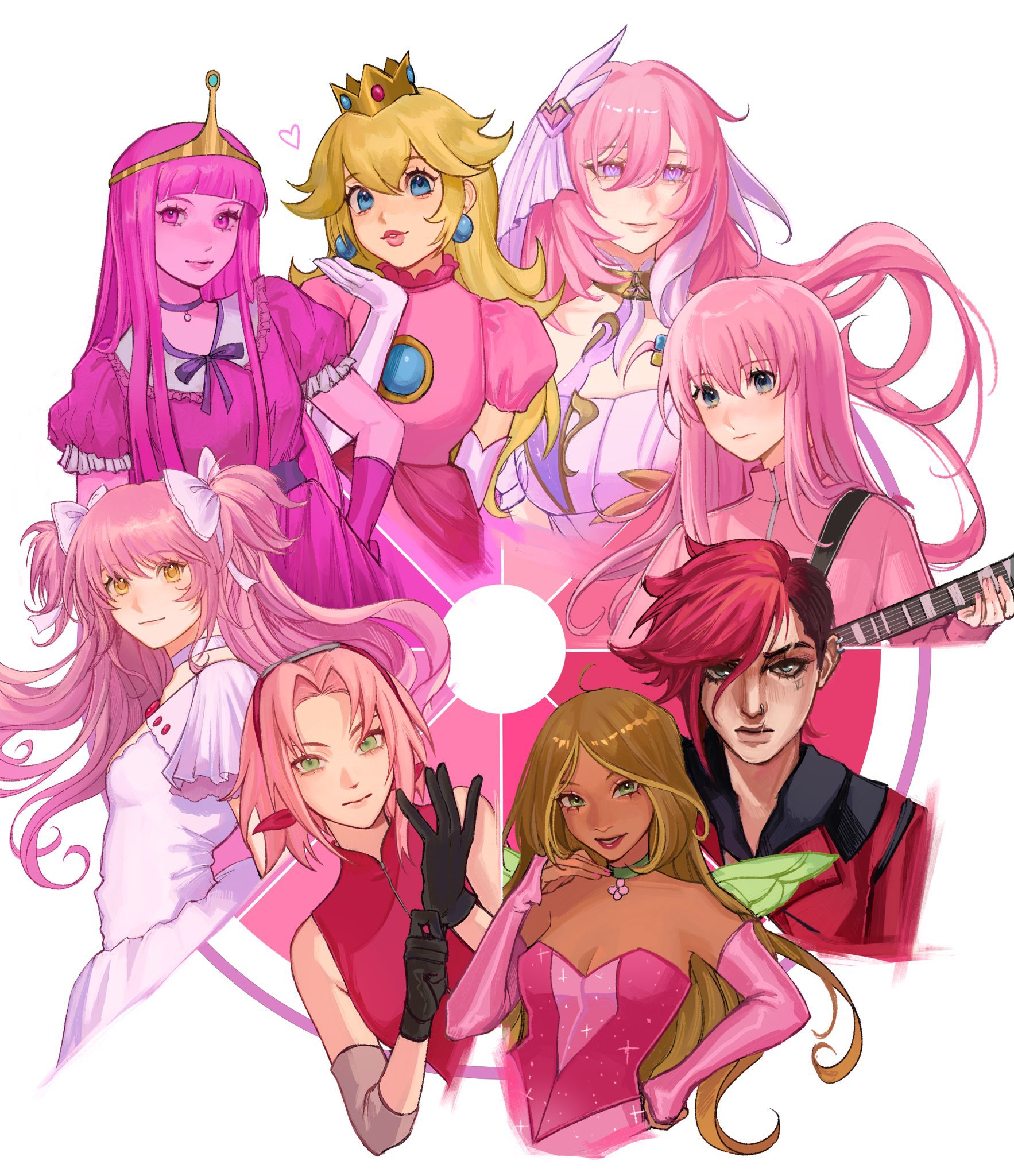 the image contains nine anime girls, all of whom are wearing pink and white clothes.  they are arranged in a circle around a large pink heart. the girls all have different hairstyles and facial expressions, but they all have similar styles.  they are all looking at the viewer, and some of them are smiling.