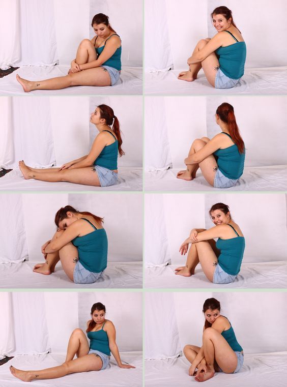 this is a collage of photos of a woman posing in different ways while sitting.  each photo is of the same woman in the same outfit.  she has on a blue tank top and jean shorts. she is on a white background in a studio.