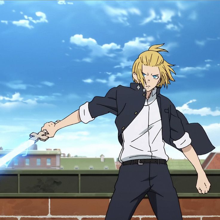 the image features an anime character, a boy with blond hair and blue eyes, in a school uniform. he is holding a glowing blue sword and his stance suggests he is about to attack. the background shows a cityscape with buildings and a blue sky with clouds. the scene conveys a sense of action and power.