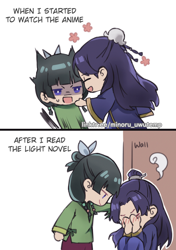 this image is a comic strip depicting a character who is initially happy to watch the anime adaptation of a light novel. the image shows the character hugging another character.  the second panel shows the character has changed their opinion after reading the light novel, and is now embarrassed to be around the other character. the character is shown blushing and hugging a wall, with the other character still trying to hug them.