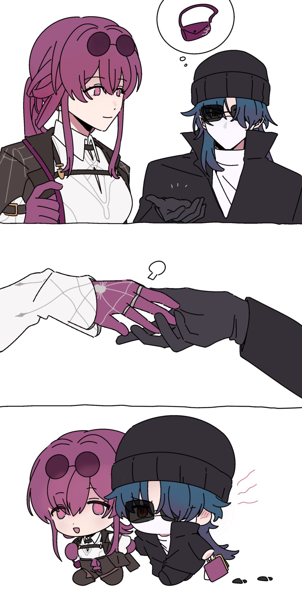the image is an anime illustration of a young woman with pink hair and a boy with black hair. the girl is wearing a white shirt, a black vest, and purple gloves. she is holding a pink bag and is smiling. the boy is wearing a black jacket, a black beanie, and white gloves. he is also wearing sunglasses. the two are holding hands, and the girl appears to be blushing. the background is white.