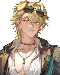 a digital painting of a blondehaired male anime character with blue eyes. he is wearing sunglasses positioned atop his head, giving the impression of dog ears. he has a necklace and an open shirt with a blazer. he also has a piercing in his ear.