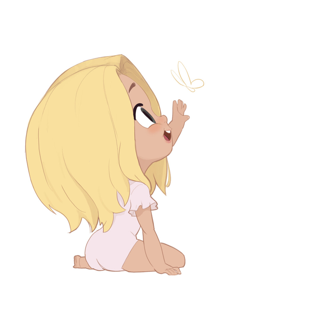 a cartoon drawing of a baby girl with blonde hair sitting down and reaching up to a yellow butterfly. the background is white.
