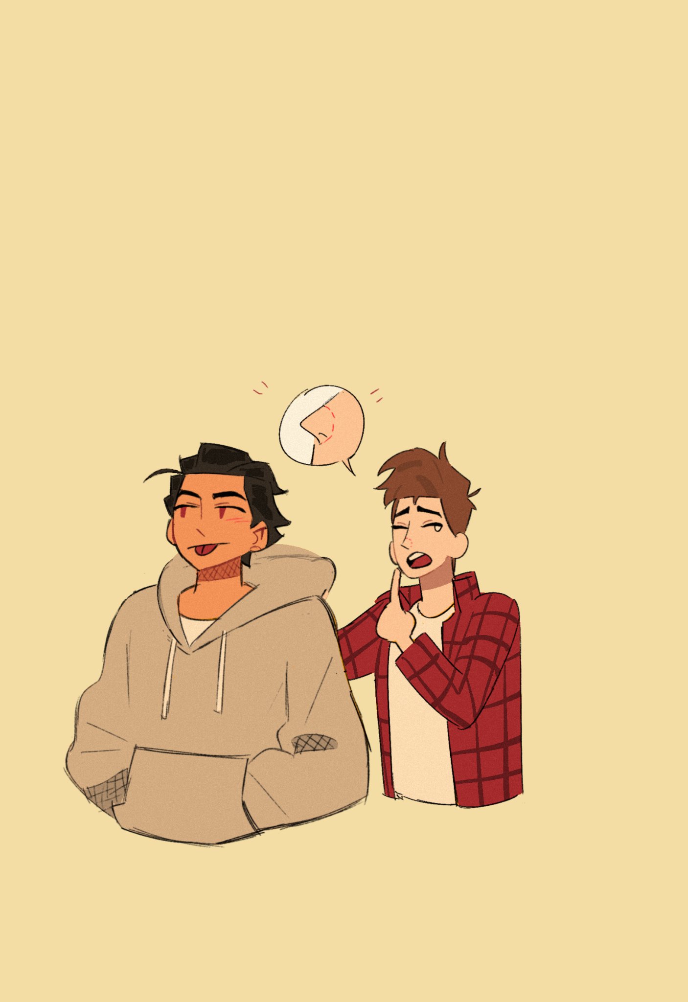 two cartoon boys are outdoors. the boy on the left is wearing a beige hoodie. the boy on the right is wearing a red plaid shirt over a white tshirt. the boy on the right is pointing at the boy on the left. the boy on the left is looking to the side with a smirk. the boy on the right is laughing. the boy on the right has a thought bubble above his head that is showing the boy on the left's face.